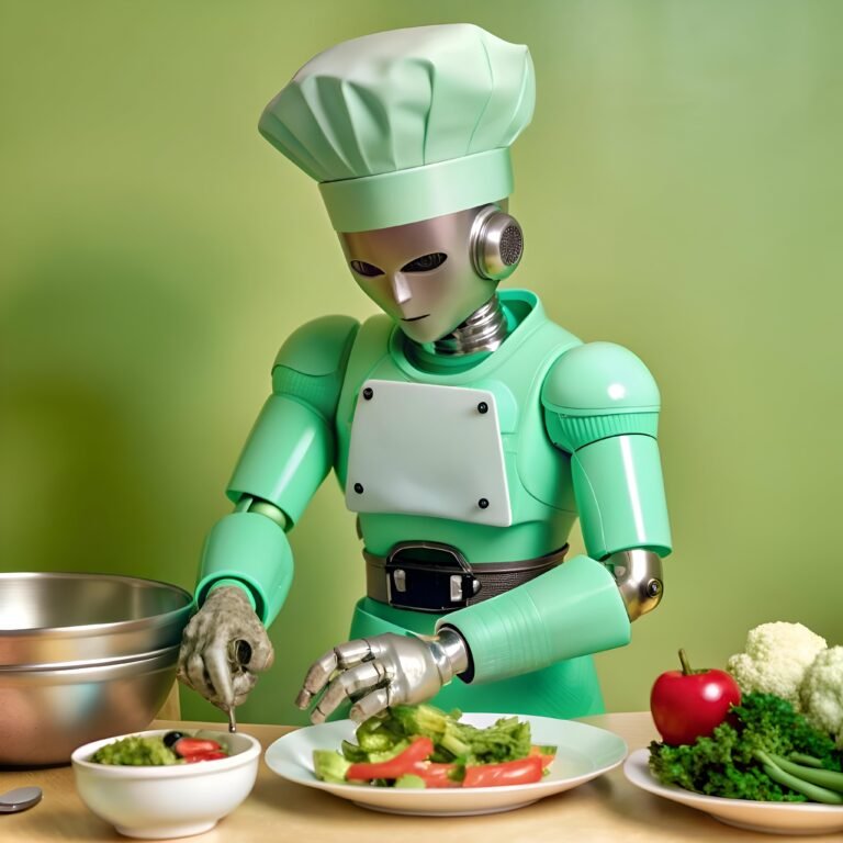 A friendly green robot chef prepares a delicious salad. showcasing the future of culinary innovation.